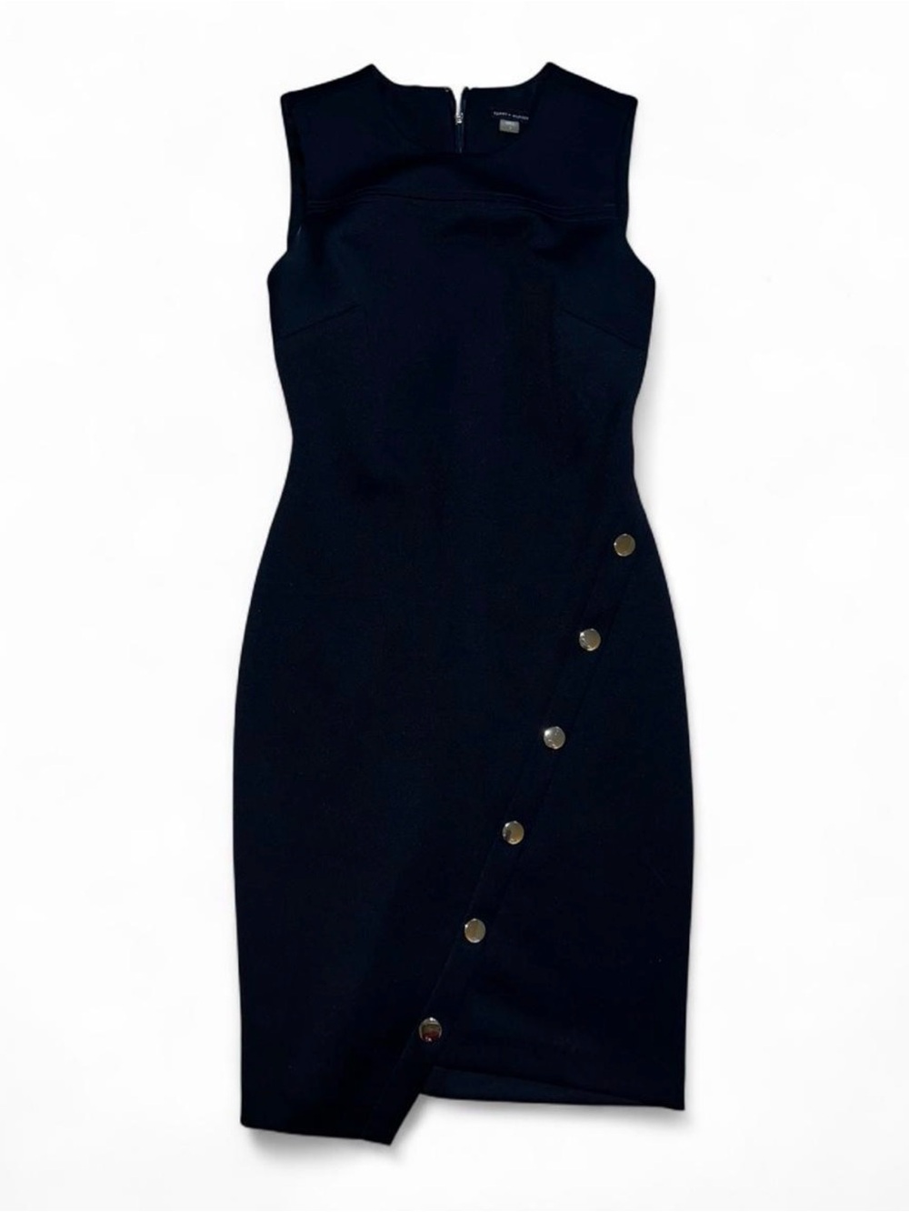 Tommy Hilfiger Navy Midi Sheath Dress with Diagonal Metallic Buttons